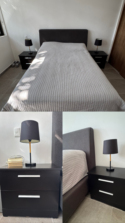 Recámara matrimonial; base, cabecera, colchón, burós, lámparas 